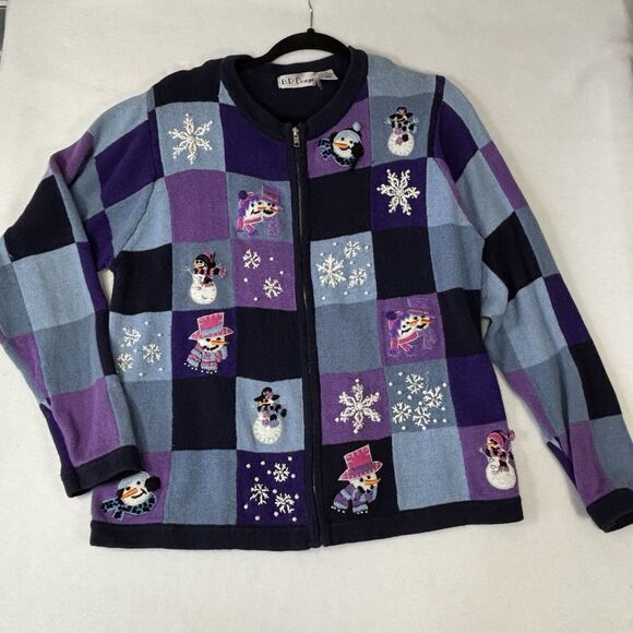 Vintage BP Design Christmas Snowman Sweater Purple Patchwork Zip-Up Y2K - Picture 2 of 8